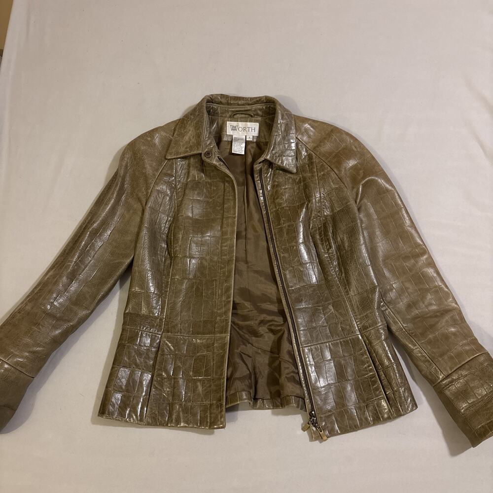Worth Women's Size 4 Olive Green Crocodile Embossed Genuine Leather Zip Jacket